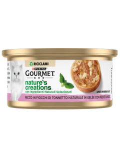 Purina Gourmet Nature's Creations Gatto Adulto Ricco in Fiocchi di Tonnetto Naturale in Gelèe con Pesce Bianco Lattina 70 g