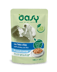 Oasy Cane Puppy & Junior Straccetti con Pollo e Riso in Salsa Busta 100 gr