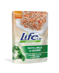 Life Cat Natural Gatto Adulto Filetti di Pollo con Salmone e Carote Busta 70 gr