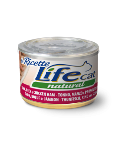 Life Cat Natural Le Ricette Gatto Adulto Tonno con Manzo e Prosciutto di Pollo Lattina 150 gr