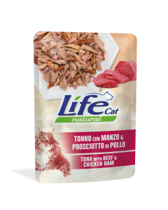 Life Cat Natural Gatto Adulto Tonno con Manzo e Prosciutto di Pollo Busta 70 gr