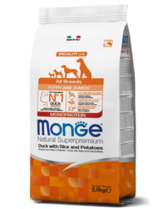 Monge Superpremium Cane Puppy e Junior All Breeds Monoprotein Anatra Riso e Patate Crocchette