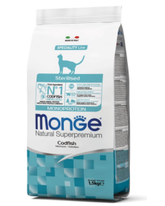 Monge Superpremium Gatto Adult Sterilizzato Monoprotein al Merluzzo Crocchette 1,5 kg