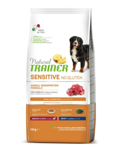 Natural Trainer Cane Adult Medium e Maxi Sensitive No Gluten Monoproteico Agnello Crocchette 