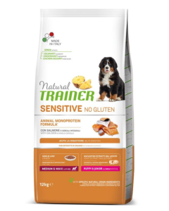 Natural Trainer Cane Puppy e Junior Medium e Maxi Sensitive No Gluten Monoproteico Salmone Crocchette