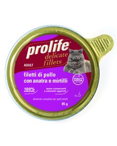 Prolife Gatto Adulto Filetti di Pollo con Anatra e Mirtilli Vaschetta 85 gr