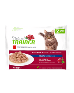 Natural Trainer Gatto Adulto Bocconcini di Manzo in Salsa Multipack 4 pz x 85 gr